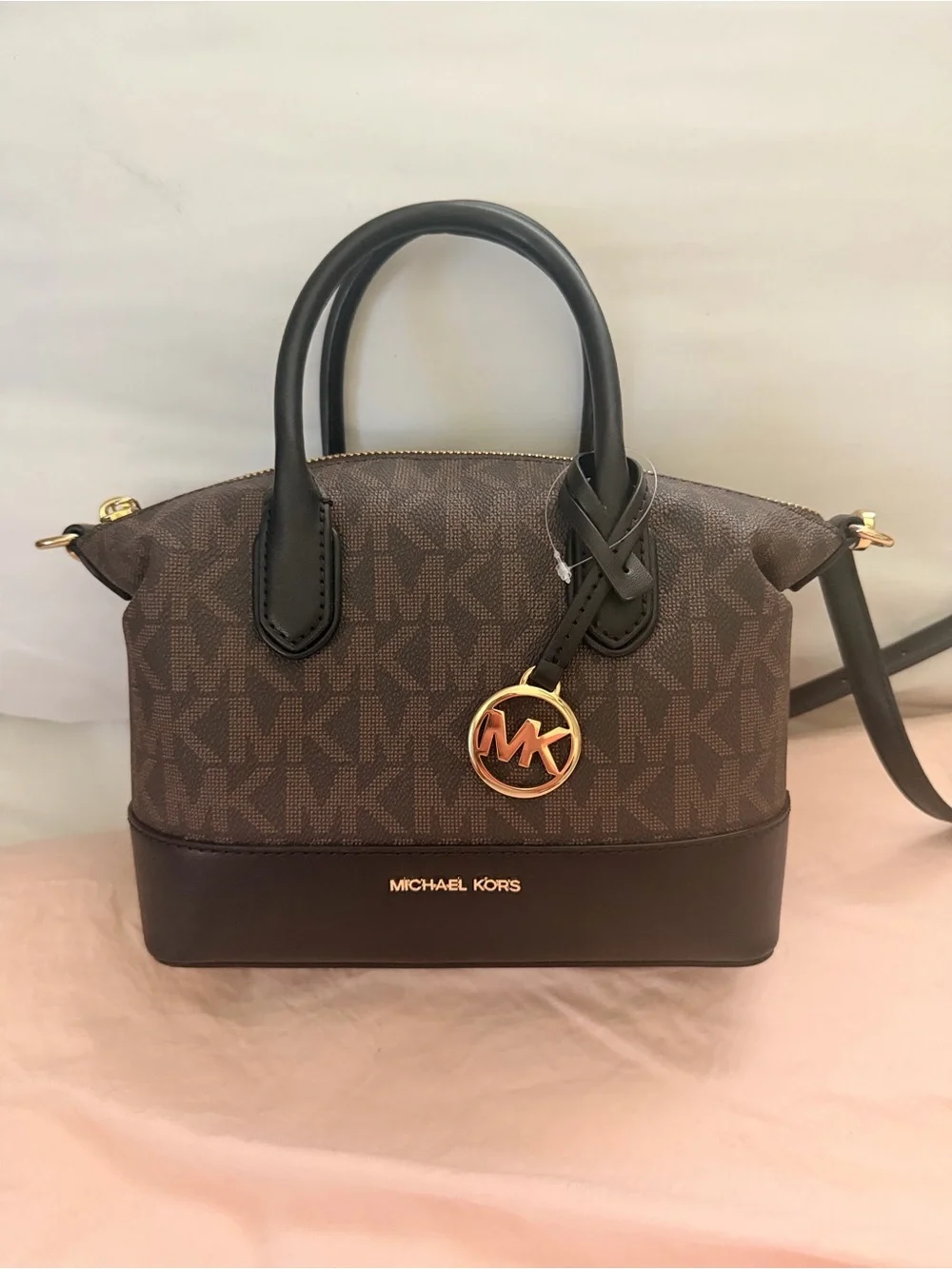 Michael Kors Brown Logo Mini Dome Satchel with Black Trim